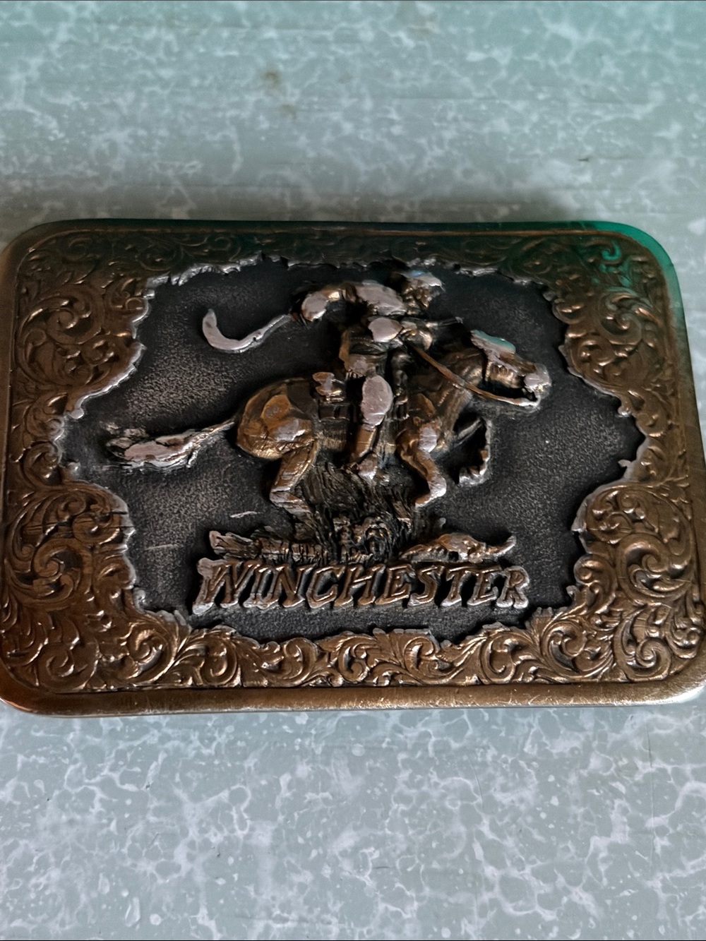 Vintage 1993 Bergamot Brass Works Winchester Cowboy Horse Western Belt Buckle